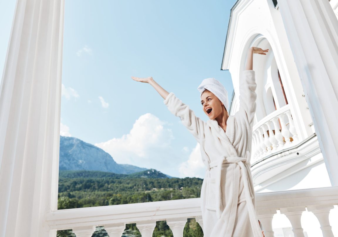 Attractive young woman good mood morning mountains landscape unaltered. High quality photo